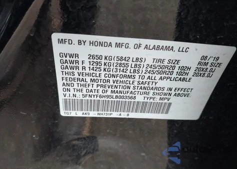 2020 Honda Pilot Awd Touring 8 Passenger z USA, uszkodzony, nr VIN 5FNYF6H95LB003568